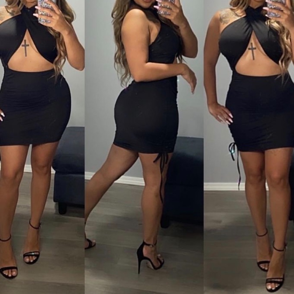 Black crossed halter top mini dress
